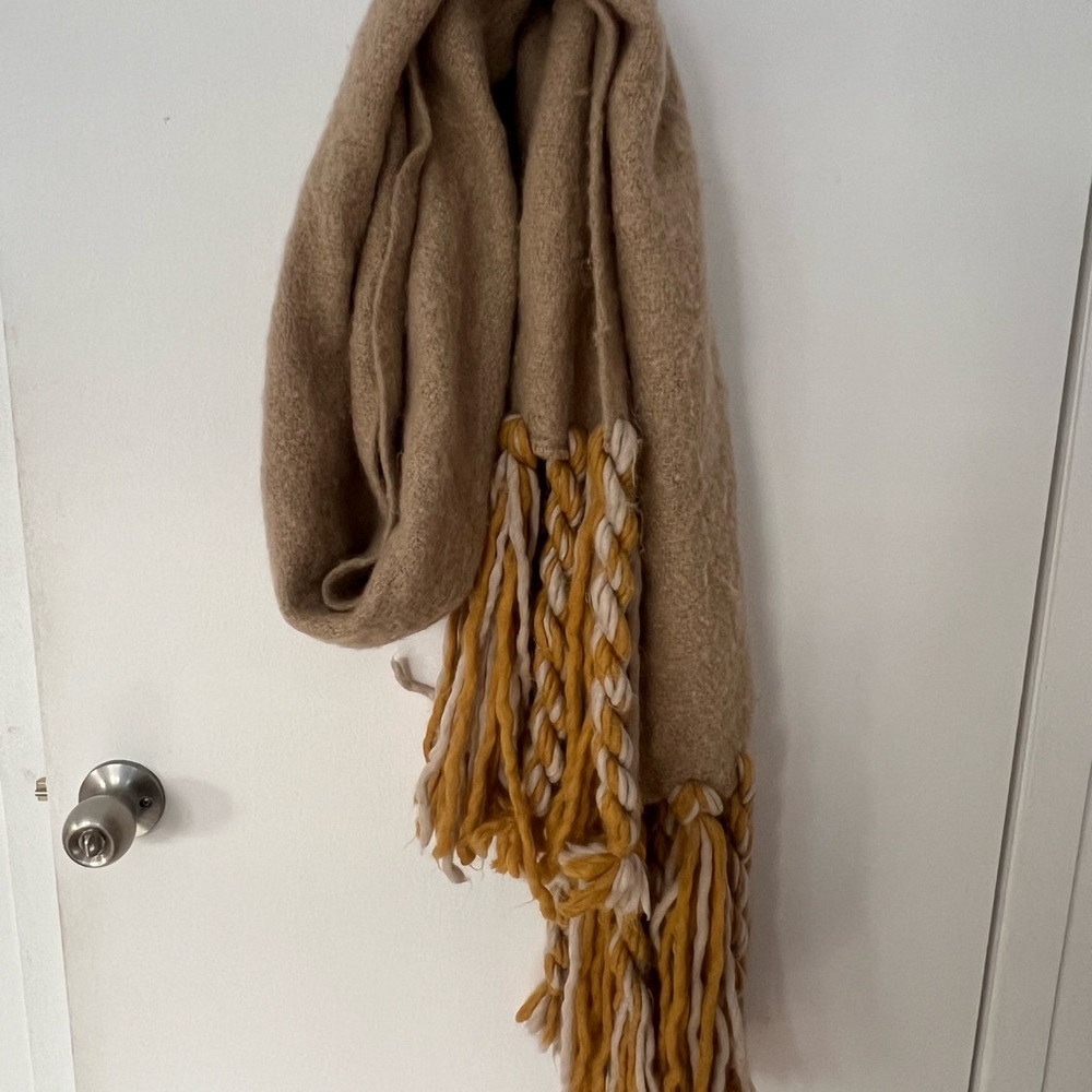Anthropologie Tan and Yellow Fringe Scarf